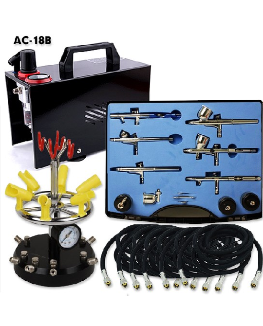 Mini Air Compressor With 6 Assorted Airbrushes & Holders